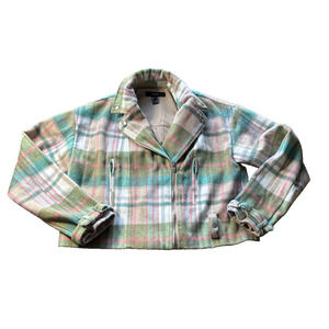 Women’s Forever 21 Moto Cropped Boxy Plaid Jacket Green Multi Small
